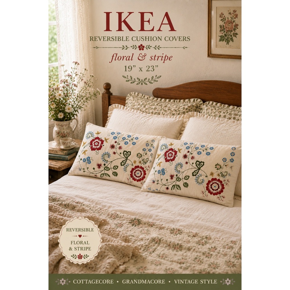Vintage IKEA Reversible Floral Pillow Covers Cottagecore Scandinavian Folk Art